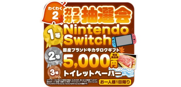 ハズレなし!ガラガラ抽選会【1等】NintendoSwitch【2等】国産ブランド牛カタログギフト(5,000円相当)【3等】トイレットペーパー