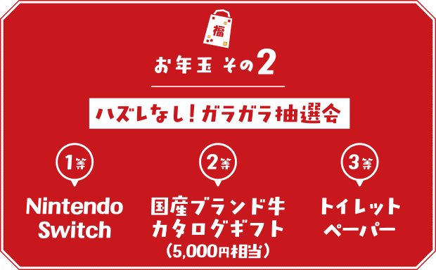 【お年玉その2】ハズレなし!ガラガラ抽選会 1等:NintendoSwitch 2等:国産ブランド牛カタログギフト(5,000円相当) 3等:トイレットペーパー