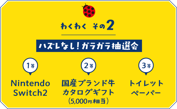【わくわく その2】ハズレなし!ガラガラ抽選会 1等:NintendoSwitch2等:国産ブランド牛カタログギフト(5,000円相当)3等:トイレットペーパー