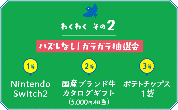 【わくわく その２】ハズレなし！ガラガラ抽選会 １等：NintendoSwitch２等：国産ブランド牛カタログギフト（5,000円相当）３等：ポテトチップス１袋