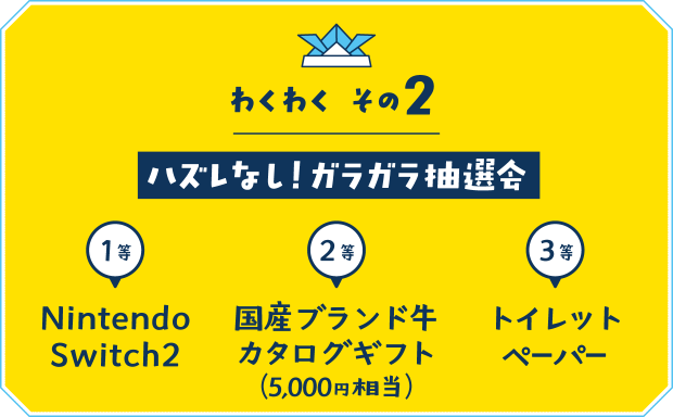 【わくわく その２】ハズレなし！ガラガラ抽選会 １等：NintendoSwitch２等：国産ブランド牛カタログギフト（5,000円相当）３等：トイレットペーパー