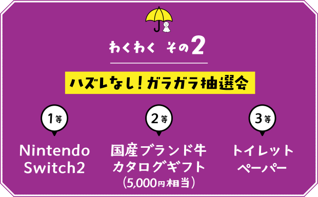 【わくわく その２】ハズレなし！ガラガラ抽選会 １等：NintendoSwitch２ ２等：国産ブランド牛カタログギフト（5,000円相当） ３等：トイレットペーパー