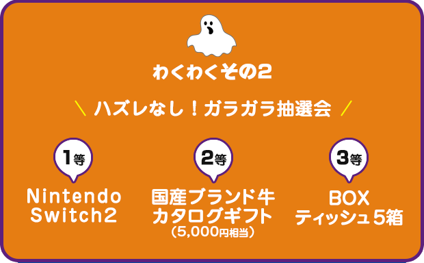 【わくわく その2】ハズレなし!ガラガラ抽選会 1等:NintendoSwitch2 2等:国産ブランド牛カタログギフト(5,000円相当) 3等:トイレットペーパー
